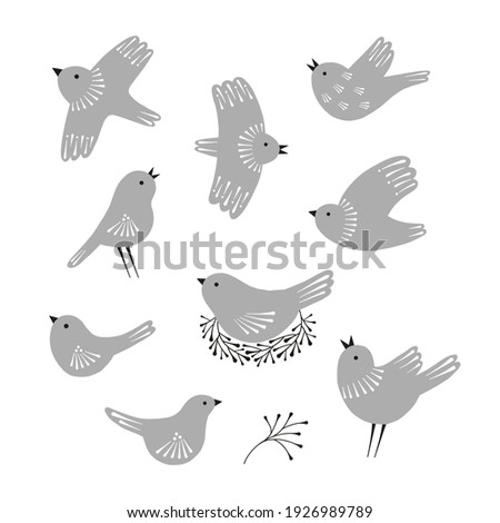 Folksy spring bird silhouette collection. Birds with folk art ornament clipart set isolated on white background. Birdy shape design elements.
