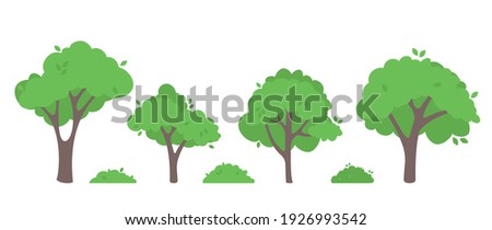 Green trees flat vector illustration. Beautiful green leaves isolated on white. Spring time trees. Natural forest plant. Ecology garden template.
