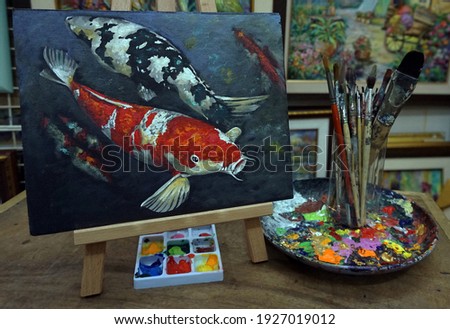        Art painting oil color Fancy Carp fish Lucky , koi                       