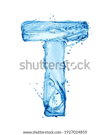 Latin letter T made of water splashes, isolated on a white background