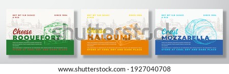 Dairy Food Label Templates Set. Abstract Vector Packaging Design Layouts Collection. Modern Typography Banners with Hand Drawn Haloumi, Mozzarella, Roquefort Cheese Landscape Background. Isolated. Royalty-Free Stock Photo #1927040708