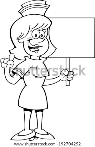 Black and white illustration of a nurse holding a sign.