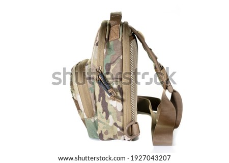 small army combat rucksack isolated white background, studio shot