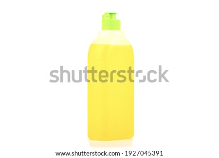 Plastic bottle with household chemicals isolated on white background. Close up. Copy space.