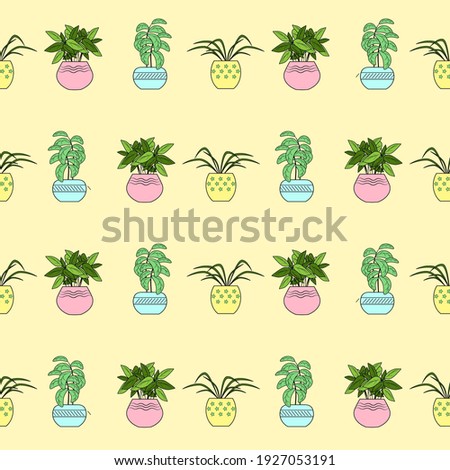 Indoor house plants. Flowers in pots. Seamless pattern. Unusual design of flower shop decoration Paper design for packing flowers. Vector