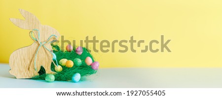 Happy Easter day.Bunny and easter egg.Colorful eggs.Rabbit on Holiday, Easter background .Spring season.Happy easter banner blue background.Egg hunt in church, Holiday.Advertise background for design.