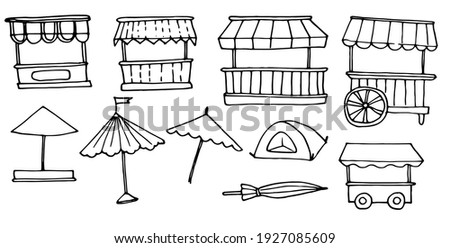 Set of vector insulated awnings, outdoor umbrellas and small outdoor mobile stalls hand-drawn sketch style black outline on white background for design template Royalty-Free Stock Photo #1927085609