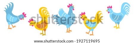 Colored roosters isolated on white - set of chicken characters - cartoon hens - elements for childrens and Easter holiday design