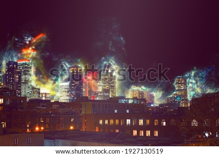 Spectacular lighting of buildings in downtown Montreal at night