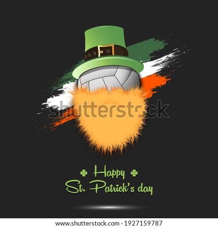 Happy St. Patricks day. Leprechaun in the form of a volleyball ball. Volleyball ball with beard and leprechaun hat. Greeting card design template. Vector illustration