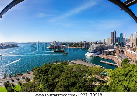 The famous Sydney Harbor and Sydney Harbor Bridge. Boat trip on a tourist boat along the picturesque shores of the port. Sidney is the oldest city in Australia. 