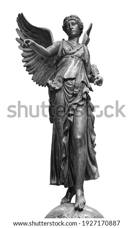 Bronze statue of a Winged Victory. Frontal view of a Statue of the goddess Nike, isolated on white background by clipping path Royalty-Free Stock Photo #1927170887