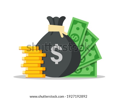 Money bag flat illustration. Dollars and gold coins stack. Wealth and banking icon. Isolated on white Royalty-Free Stock Photo #1927192892