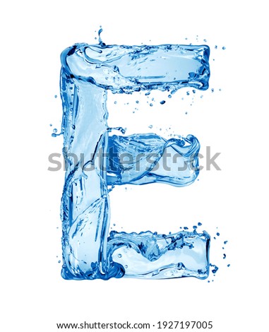 Latin letter E made of water splashes, isolated on a white background