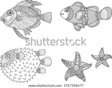 sea life set coloring page mandala design. print and t-shirt design
