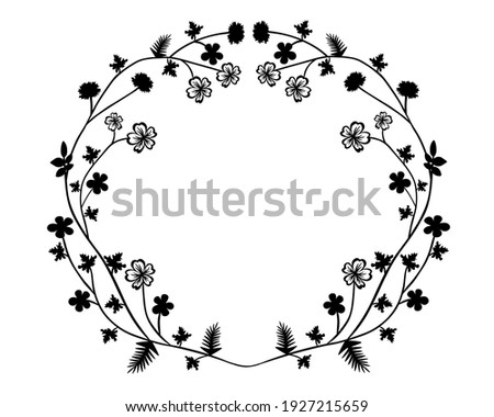 Decorative round frame with flowers, leaves and branches. Greeting card for spring. Black and white clip art. Vector illustration.