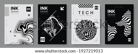 Black and white poster design with liquid and curve lines, abstract geometric shapes and place for text. Futuristic cover set. A4 size. Ideal for banner, flyer, invitation, business card. Royalty-Free Stock Photo #1927219013