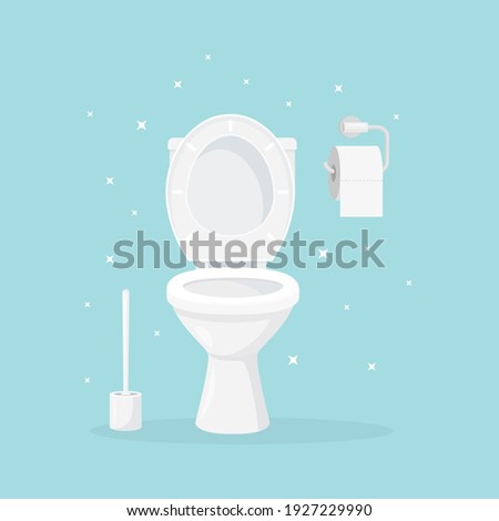 White ceramic toilet with toilet paper, brush. Home interior. Vector illustration Royalty-Free Stock Photo #1927229990