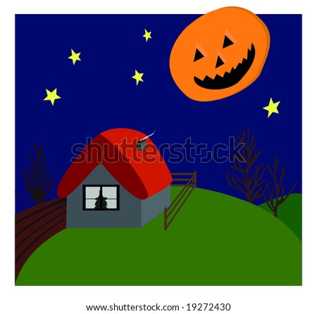 The witch's house on Halloween night. Flat illustration in cartoon style. Blue starry sky with the moon that looks like a pumpkin. Black silhouette of the witch behind the window
