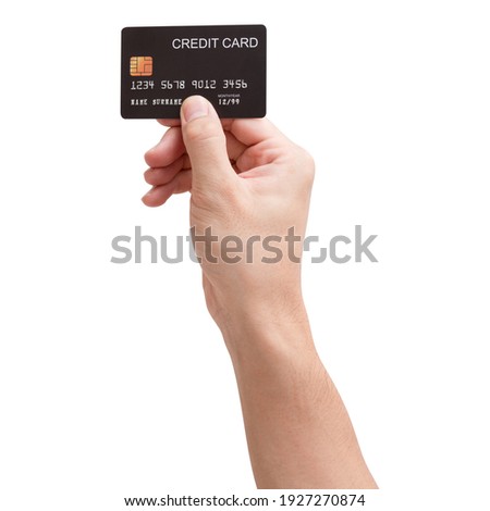 Close up male hand hold black credit card isolated on white background with clipping path.