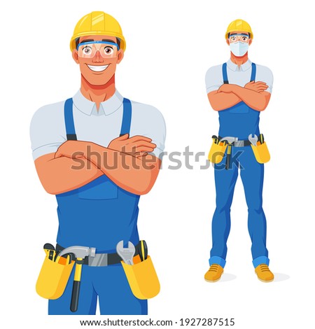 Handyman in bib overalls, hard hat and protective glasses with his arms over chest. Release clipping mask for full size. Vector cartoon character isolated on white background.