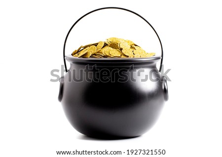 Black Pot Full of Gold Isolated on a White Background Royalty-Free Stock Photo #1927321550