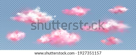 Realistic pink clouds, sunset or sunrise fluffy spindrift or cumulus eddies flying isolated on transparent background, weather and nature design elements, meteorology and climate 3d vector icons set Royalty-Free Stock Photo #1927351157