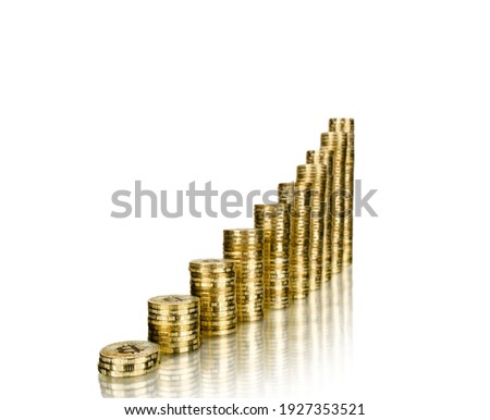  stairway of rouleau gold  coin, on white background, isolated. Growth bitcoin concept Royalty-Free Stock Photo #1927353521