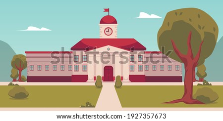 Building of college campus or university, front view with empty entrance and green lawn. Facade of an educational institution with red roof and clock tower with flag. Vector.