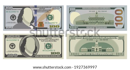 Hundred dollar bills in new and old design from both sides. 100 US dollars banknote, from front and reverse side. Vector illustration of USD isolated on a white background Royalty-Free Stock Photo #1927369997