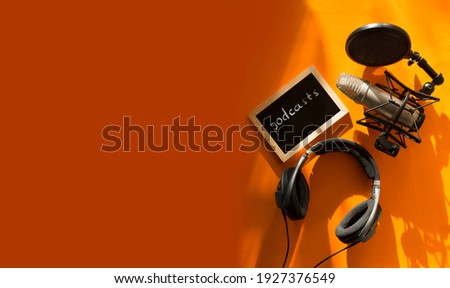Professional microphone with waveform and headphones on yellow background banner. Podcast or recording studio background