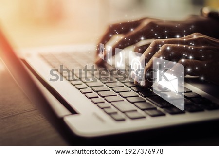 woman using laptop, searching web, browsing information, contact, having workplace at home. concept contact us Royalty-Free Stock Photo #1927376978