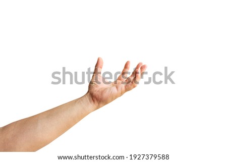 a hand holding something like a bottle or smartphone on white background, hand isolated on white background with clipping path. Royalty-Free Stock Photo #1927379588