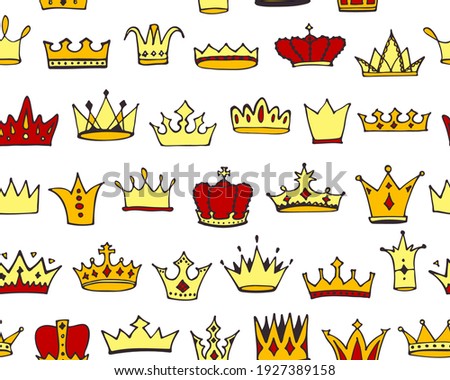 Doodle crowns seamless pattern. Hand drawn cartoon background. Cute baby, kids design for childrens room, posters, fabric. Vector illustration.