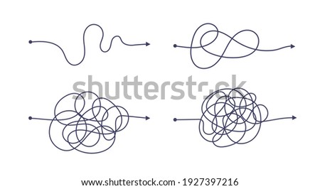 Complex and easy simple way from start to end vector illustration set. Chaos simplifying, problem solving and business solution searching challenge concept. Hand drawn doodle scribble chaos path lines Royalty-Free Stock Photo #1927397216