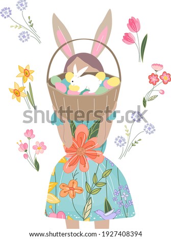 Young girl standing with basket of painted eggs and white rabbit. Festive spring illustration can be used for Easter design templates.