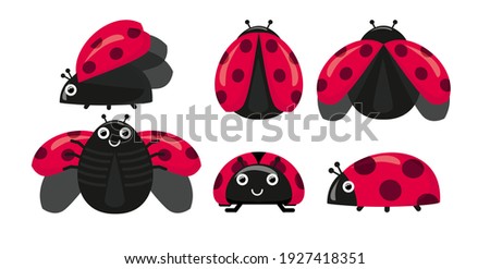 Set Cute ladybug in different poses. Collection of stickers with dotted flying beetles, children s illustration. Cartoon style.
