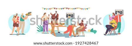 Set Happy Family or Friends Celebrate Garden Party. Male or Female Characters Sitting at Table, Eating and Communicate, Joyful People at House Yard. Summer Holiday Relax. Cartoon Vector Illustration