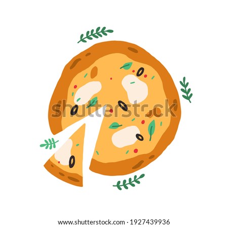 Top view of whole Italian pizza with sliced triangle piece. Vegetarian food with mozzarella cheese, olives and greens. Colored flat vector illustration isolated on white background