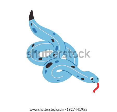 Cute baby snake with tongue out. Happy funny serpent with spots on skin. Colored flat vector illustration isolated on white background