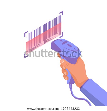 The operator holds a barcode scanner hand. Scanning Barcode. Equipment for accounting of goods. Vector illustration isometric design. Product identification.
