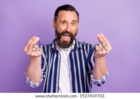 Photo of frustrated angry mature man show italian gesture isolated over purple color background