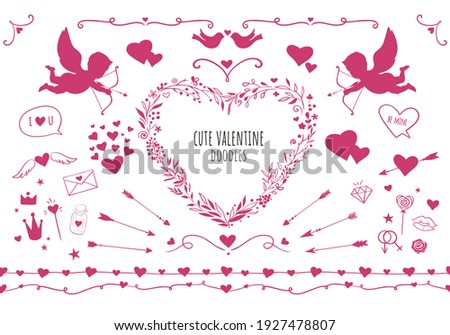 Valentine's Day romantic clipart. Vector doodles for St Valentine Day. Cupids, hearts, flowers, wreath, etc. 