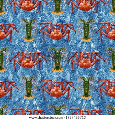 seamless pattern of red crabs with green lobsters against the blue water.