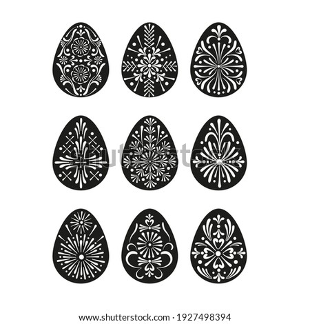Easter folksy decorative Eggs with Ukrainian Pysanka folk art ornament vector black white isolated clipart set Traditional Easter ornament for Christian spring holidays.