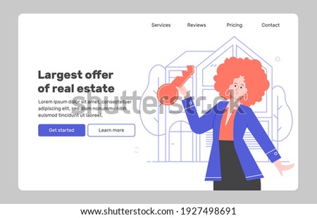 Girl realtor with a key on the background of the house. Property For Sale. Landing page concept template. Site with offers for the of real estate. Vector flat illustration. Royalty-Free Stock Photo #1927498691