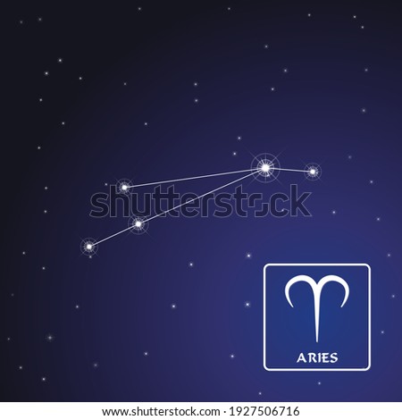 Zodiac sign Aries in the starry sky. Schematic representation of the zodiac sign with its name and symbol