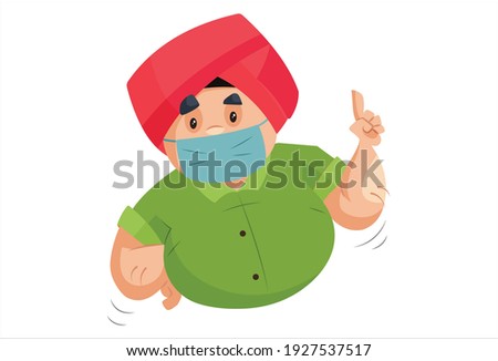 Punjabi man is wearing a mask and showing finger. Vector graphic illustration. Individually on a white background.