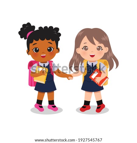 Cute girl best friend holding hand and going to school together. Educational clip art. Flat vector design isolated on white