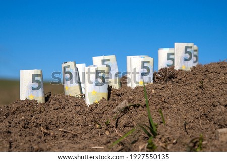 Several euro bills stuck in precious farmland. The demand for land is increasing worldwide and the purchase price for arable land has increased by an average of 187 percent over the past few years.  Royalty-Free Stock Photo #1927550135